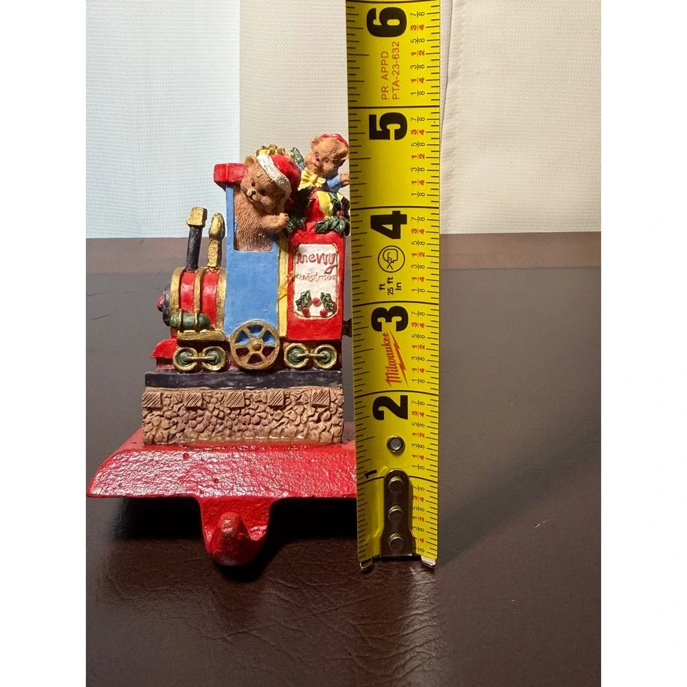 Vintage Christmas Train Teddy Bear Stocking Holder Cast Iron Red Blue Holiday